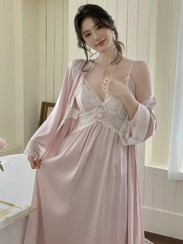 Blush Lace Trim Nightgown & Robe Set