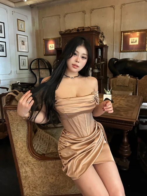 Champagne Satin Corset Mini Dress