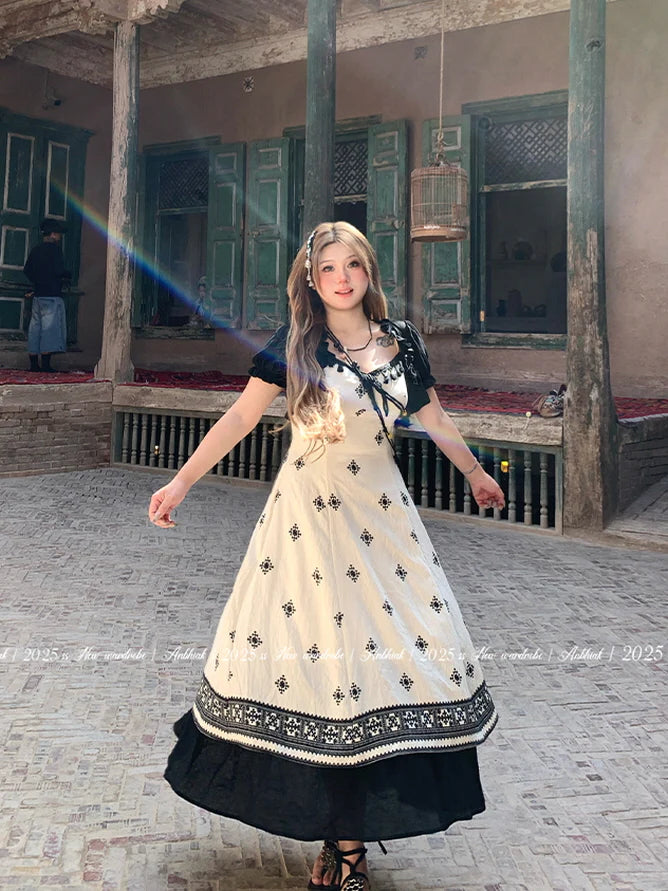 Black Tassel Embroidery Layered Dress