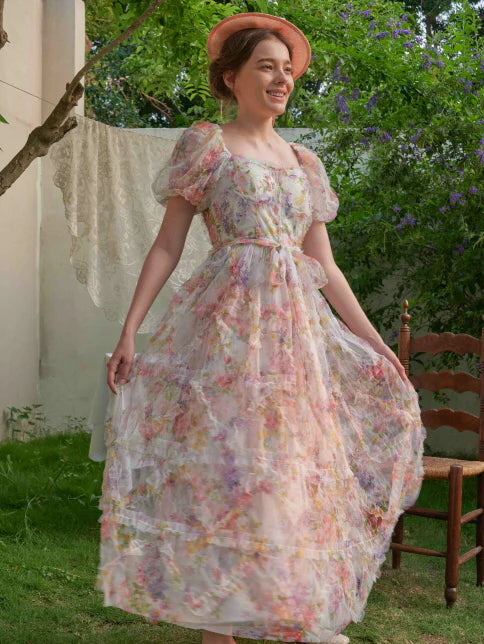 Blossom Whispers Ruffle Floral Puff Sleeve Dress