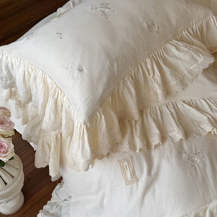 Blush Cream Ruffle Lace Bedding Set
