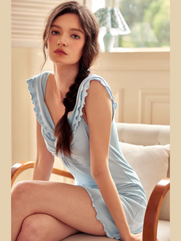 Sky Blue Ruffle-Trim Nightdress