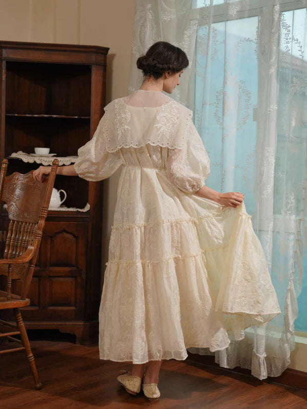 Embroidered Shawl Collar Tiered Dress