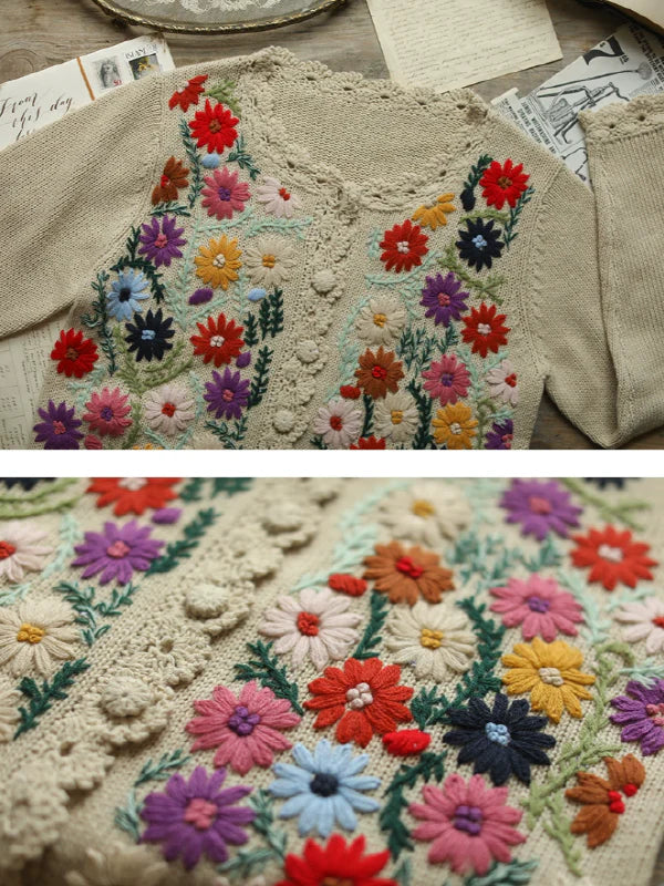 Retro Blossom Embroidery Cardigan