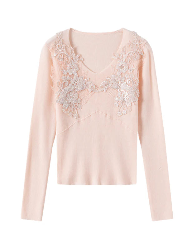 Floral Lace Embellished Knit Top