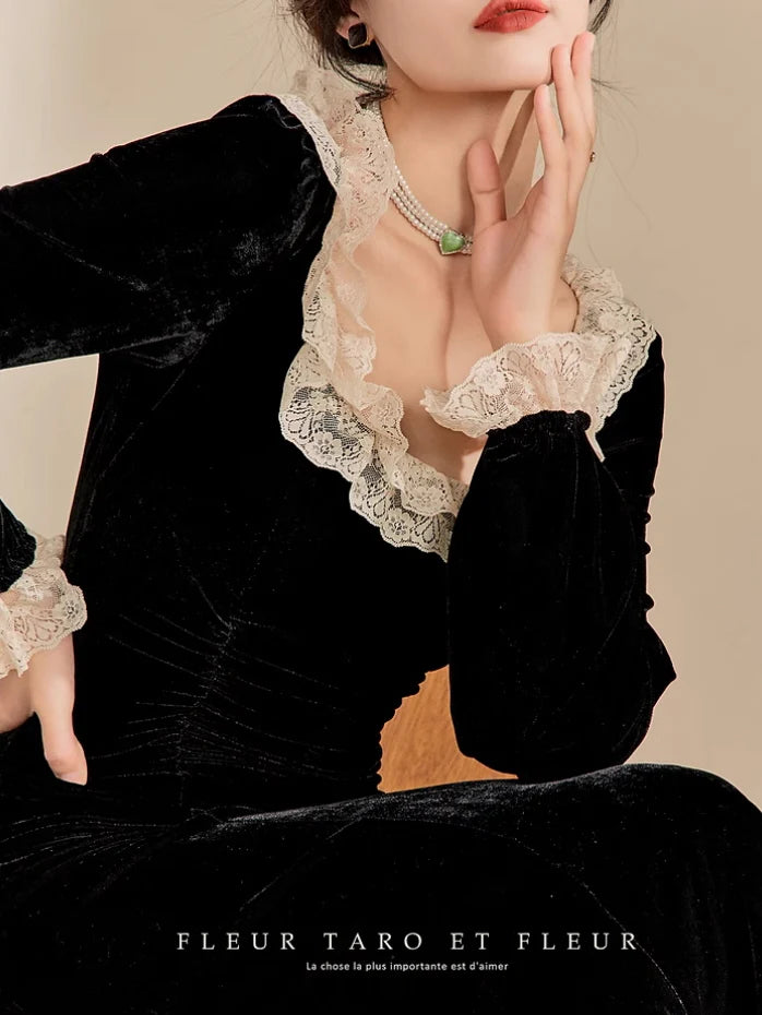 Vintage Noir Velvet Lace Dress