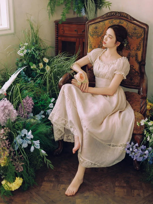 Blush Pearl‑Detail Lace Trim Dress