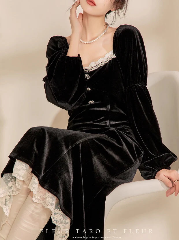 Victorian Elegance Black Velvet Dress