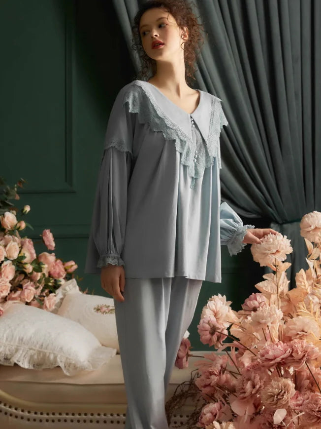 Elegant Lace-Trimmed Cotton Pajama Set