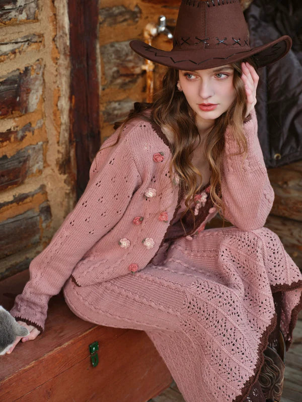 Vintage Floral Wave Wool Knit Cardigan　