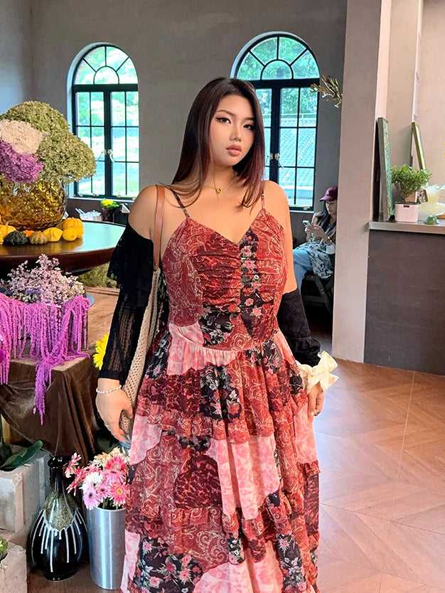 Rosy Patchwork Ruffle Maxi Dress