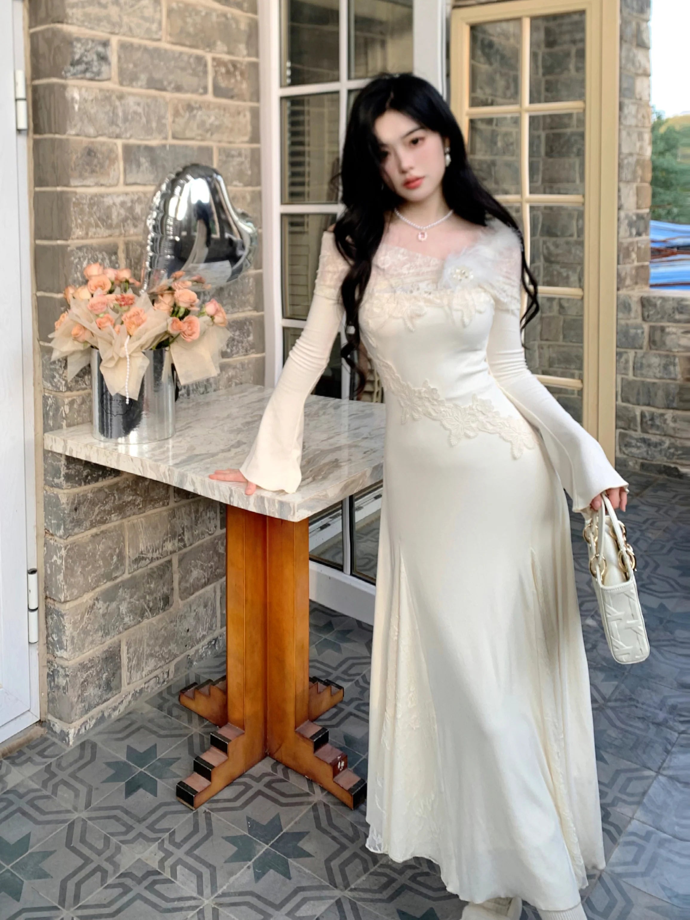 Winter Fairy Lace Feather Gown