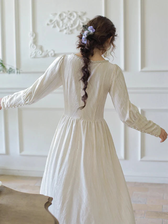 Elegant Pearl-Trimmed Ivory Long Dress