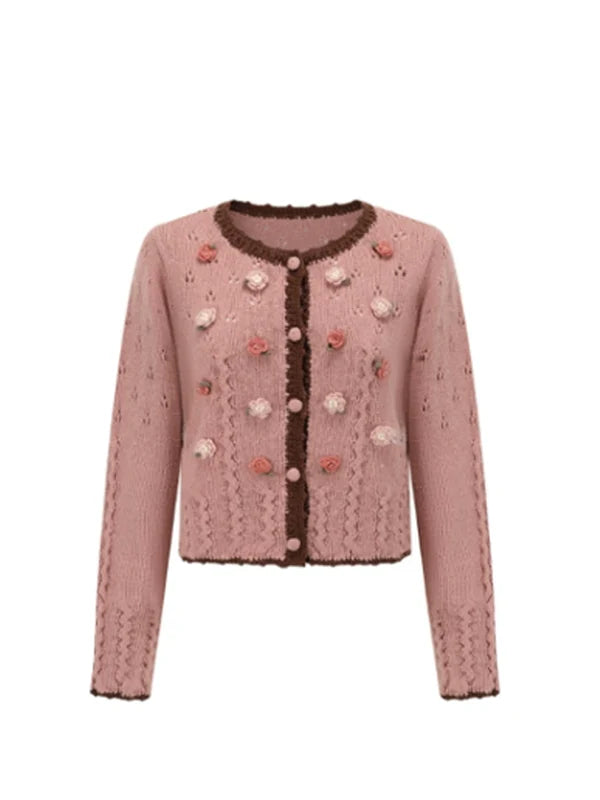 Vintage Floral Wave Wool Knit Cardigan　