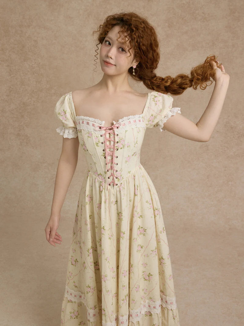 Vintage Rose Garden Lace-Up Off-Shoulder Dress