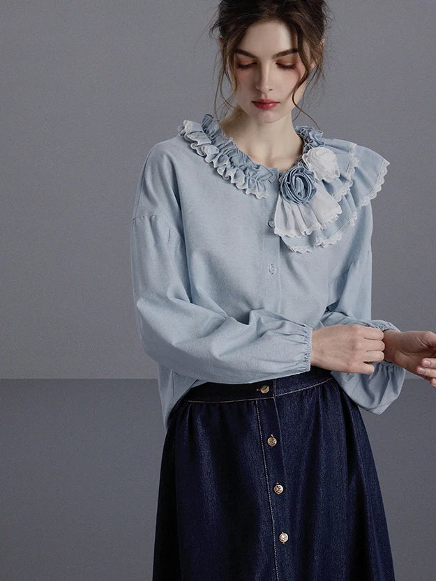 Blue Ruffled Linen-Blend Blouse