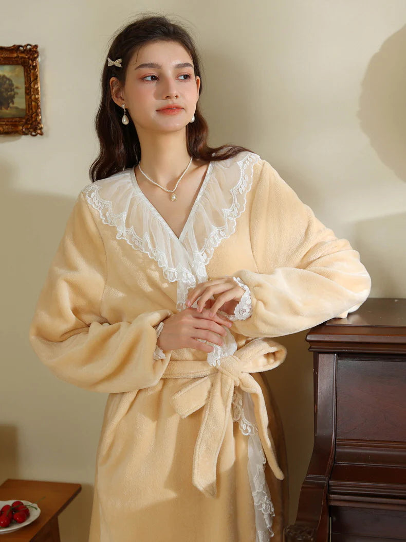 Velvet Lace-Trim Wrap Robe