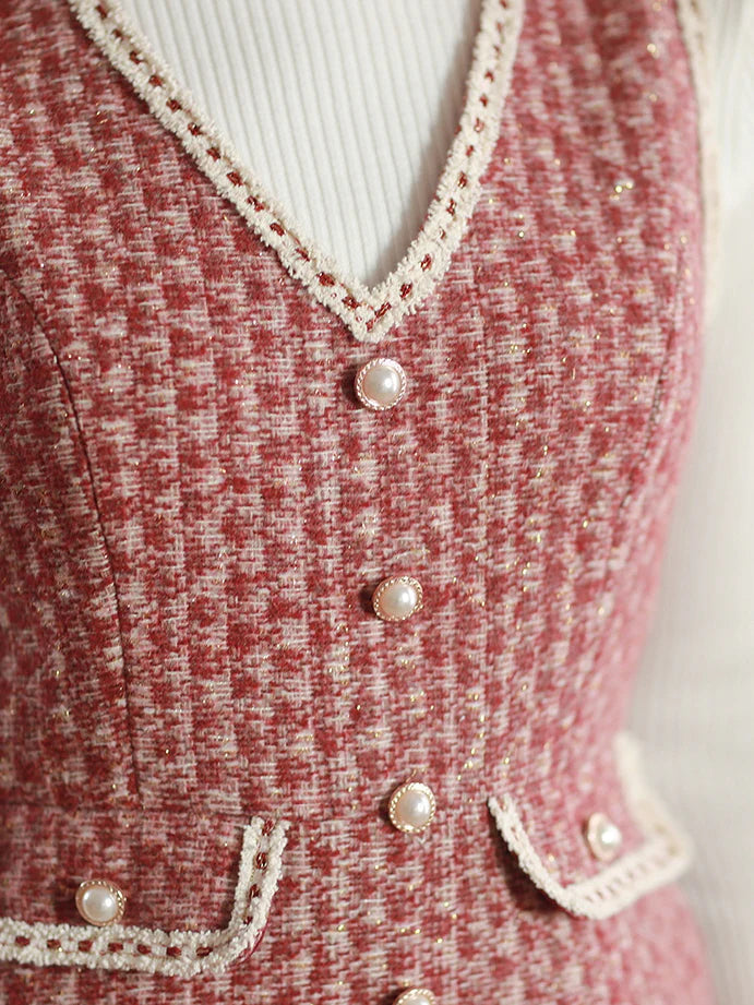 Elegant Red Tweed Pearl Button Dress