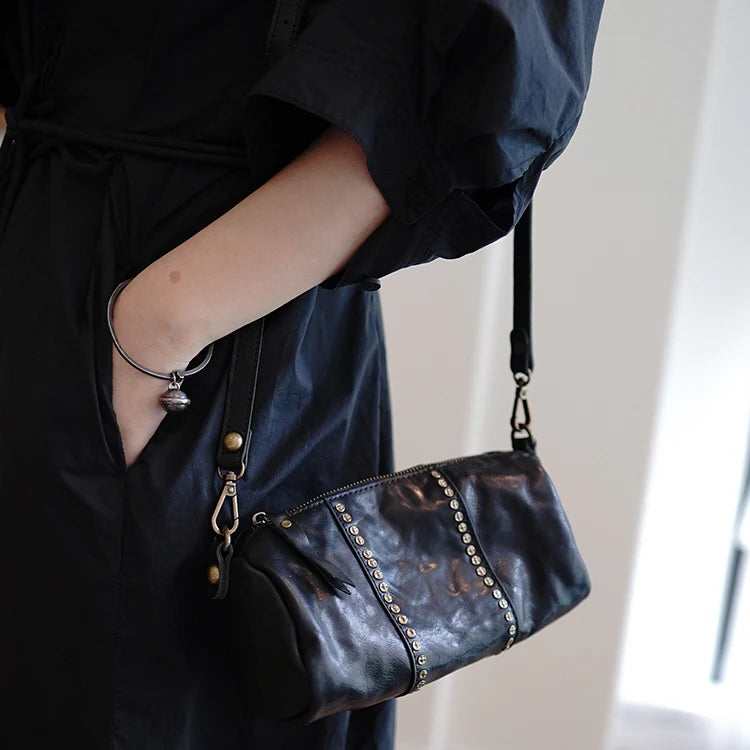 Studded Genuine Leather Barrel Crossbody Bag