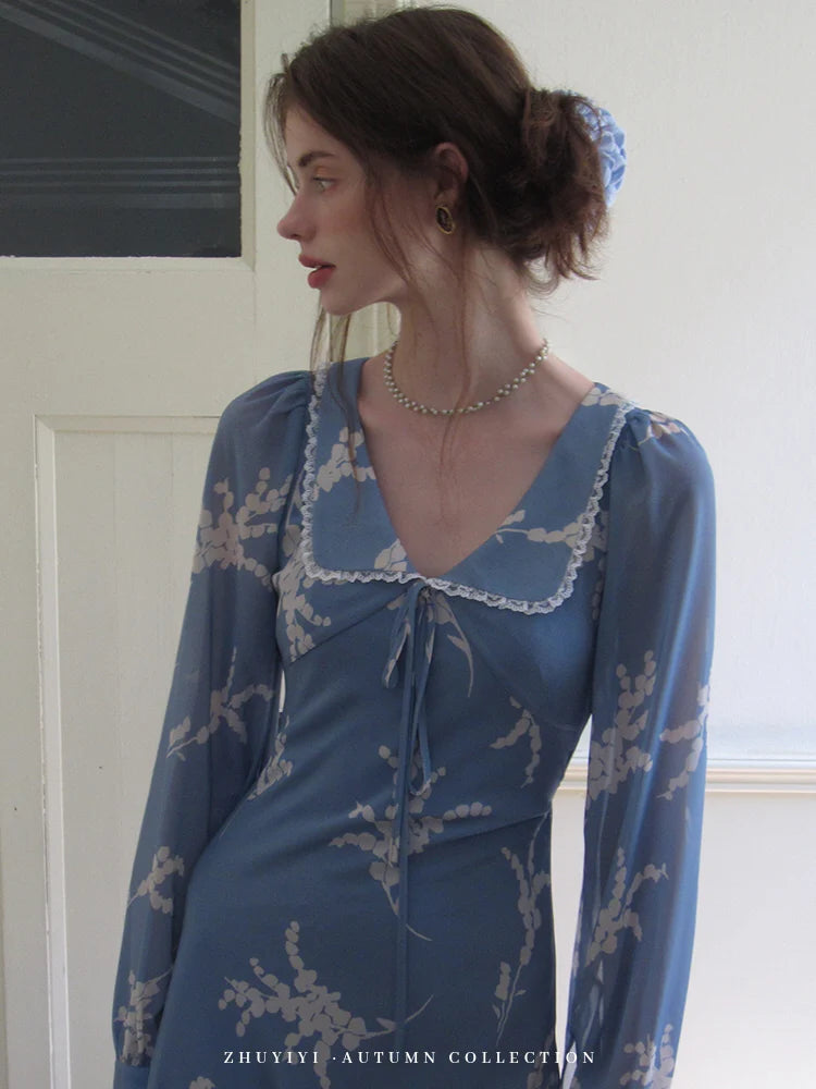 Blue Floral Retro Maxi Dress