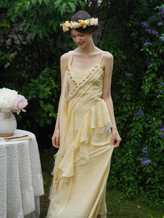Golden Bloom Petal Drape Dress