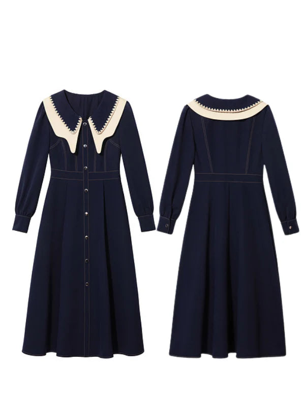 Navy Elegance Vintage Collar Dress