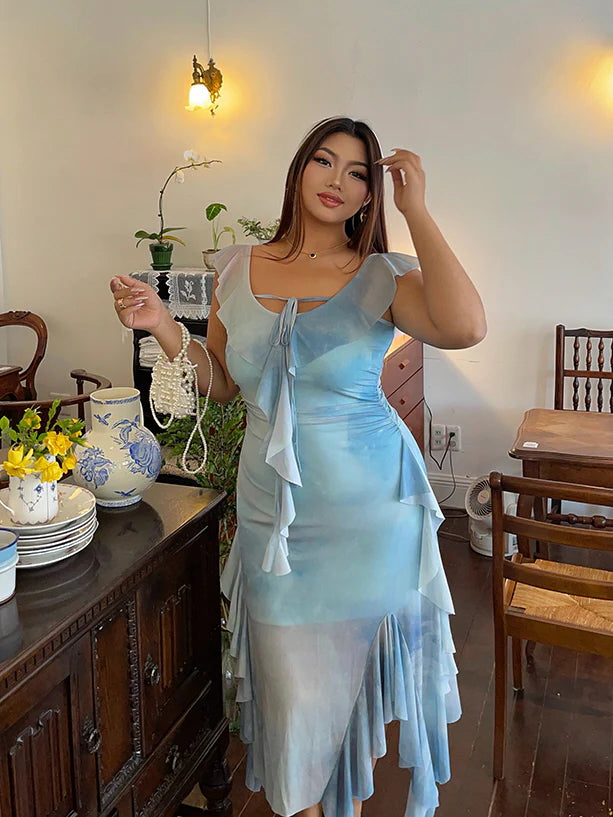 Sky Ruffle Mesh Dress with Bow