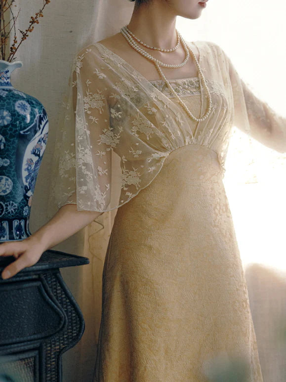 Golden Bloom Lace Overlay Dress