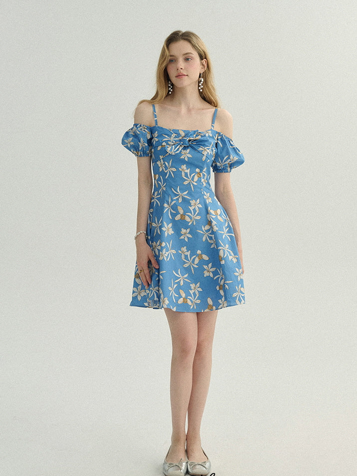 Blue Floral Off-Shoulder Summer Dress