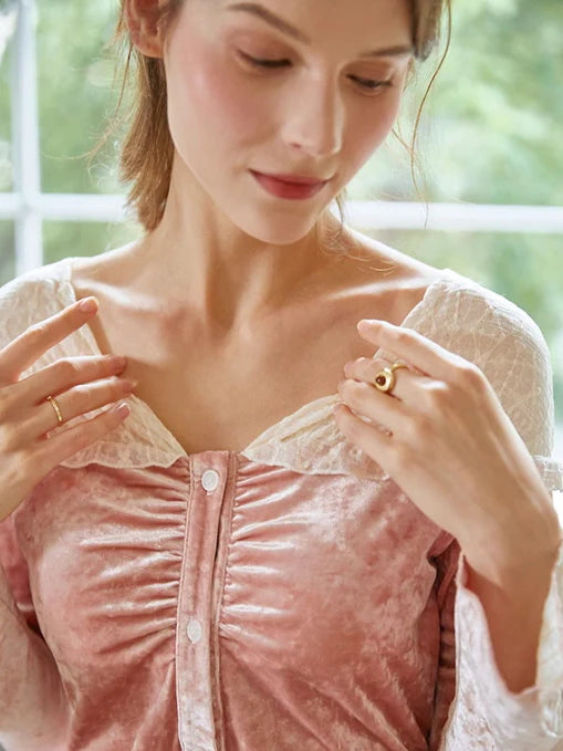 Blush Velvet Lace-Trim Pajama Set