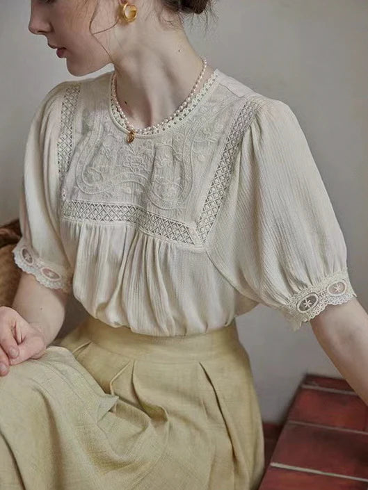 Delicate Floral Lace Trim Blouse