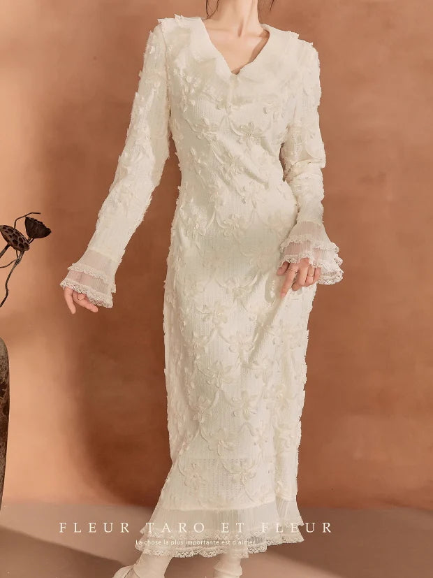 Ivory Blossom Lace-Trim Knit Dress