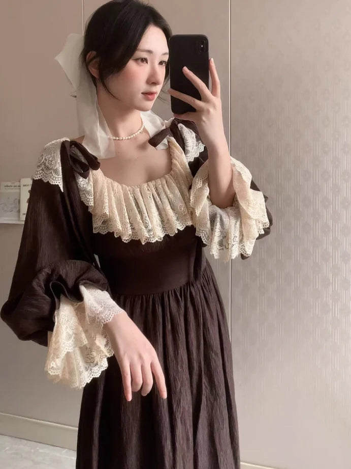 Mocha Reverie Vintage Lace Long Dress