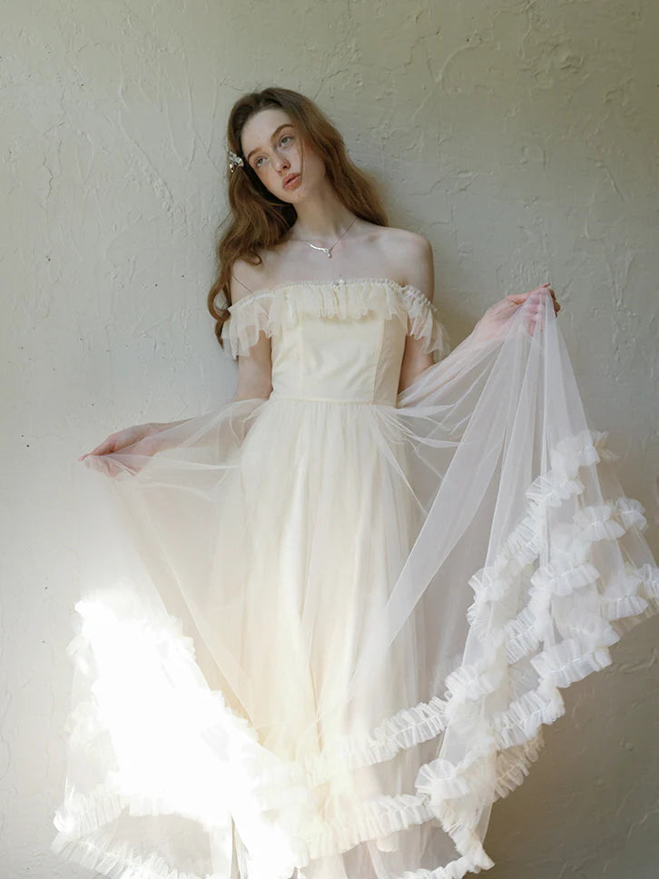 Ivory Tulle Ruffle Off-Shoulder Dress