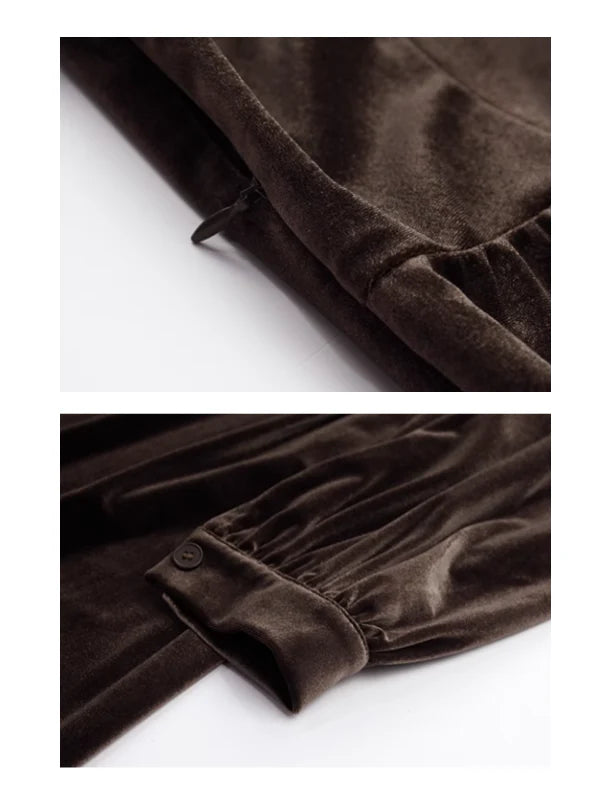 Brown Velvet Puff Sleeve Dress