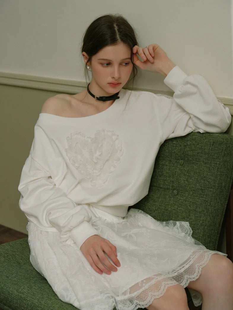 Coquette Lace Heart Off-Shoulder Sweatshirt