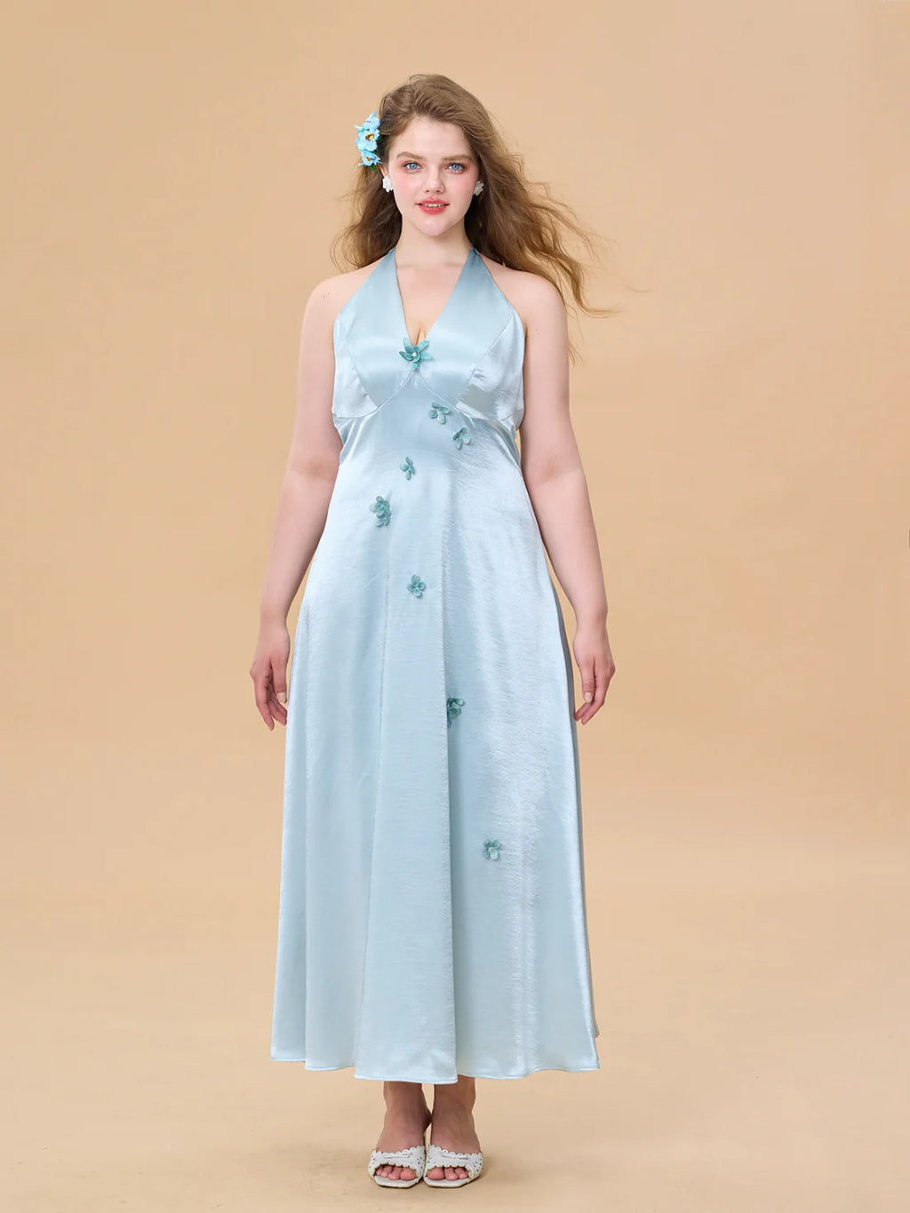 Ocean Bloom Satin Halter Dress