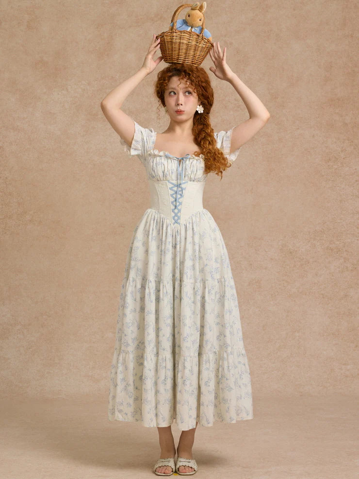 Blue Toile Vintage Lace-Up Cottagecore Dress