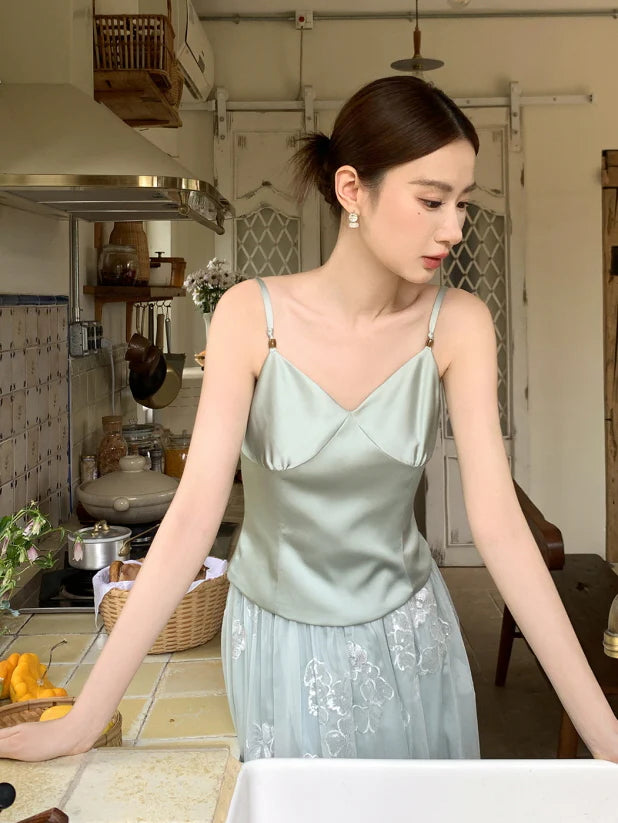 Whispering Petal Satin Top & Embroidered Tulle Skirt