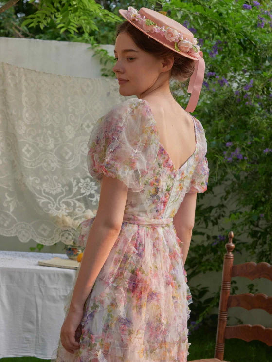 Blossom Whispers Ruffle Floral Puff Sleeve Dress