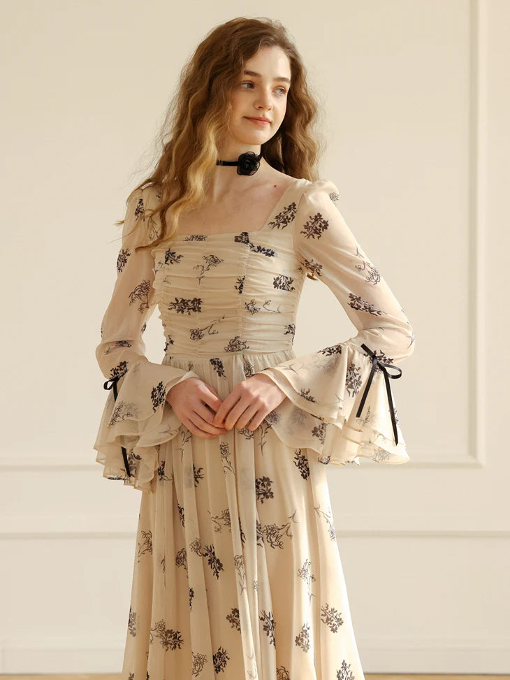 Enchanted Garden Long Beige Floral Dress