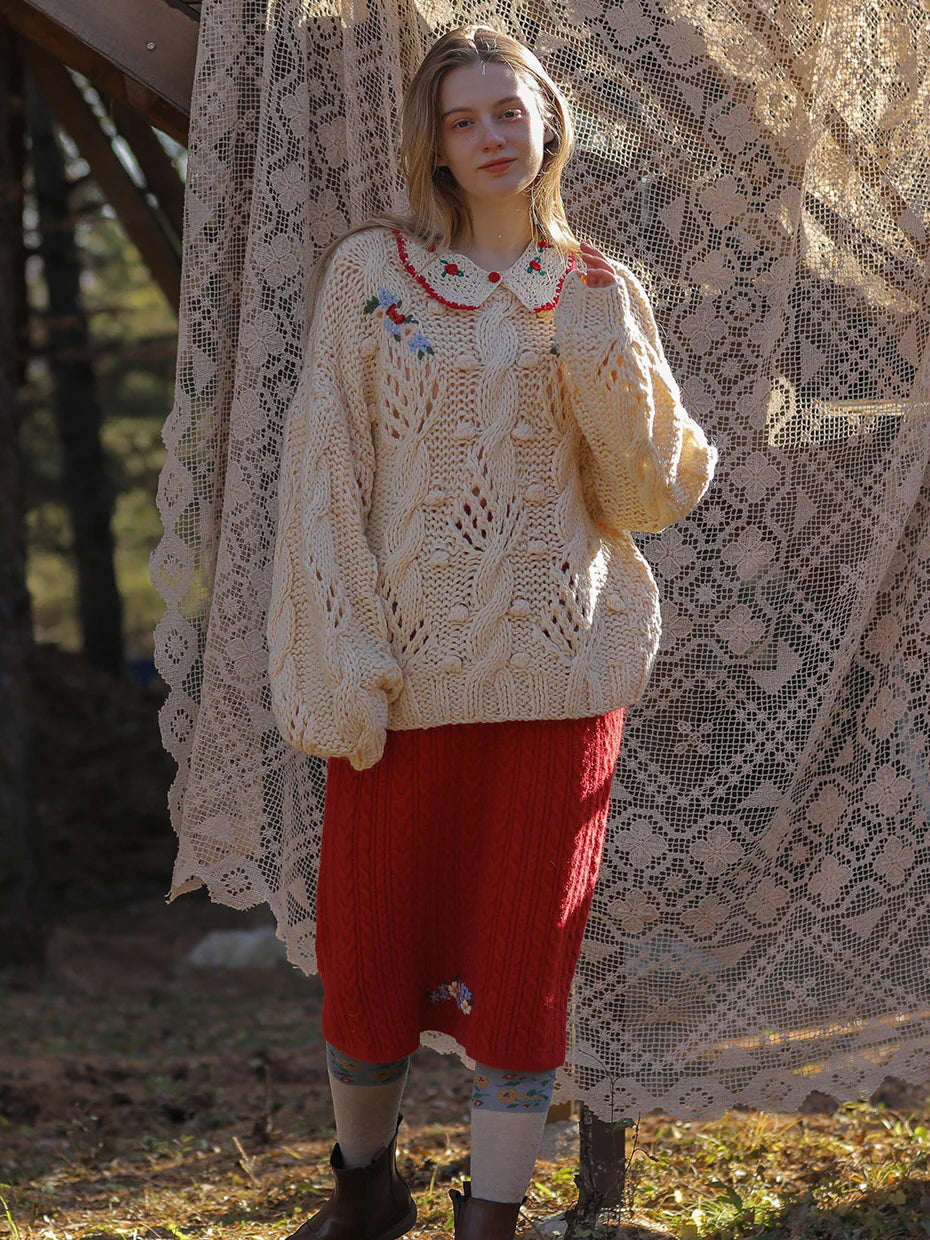 Floral Collared Cozy Knit Sweater