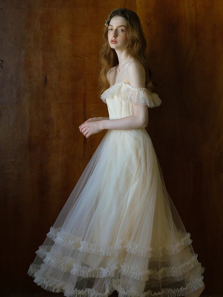 Ivory Tulle Ruffle Off-Shoulder Dress