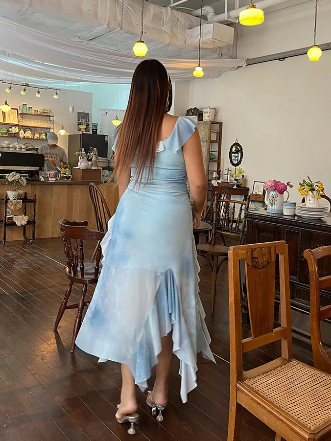 Sky Ruffle Mesh Dress with Bow