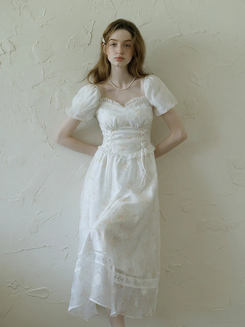 White Floral Corset Waist Dress