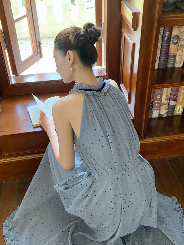 Blue Polka Dot Halter Maxi Dress