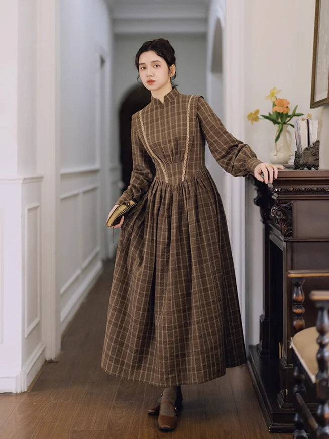Victorian Plaid High-Neck Lace Trim Dress