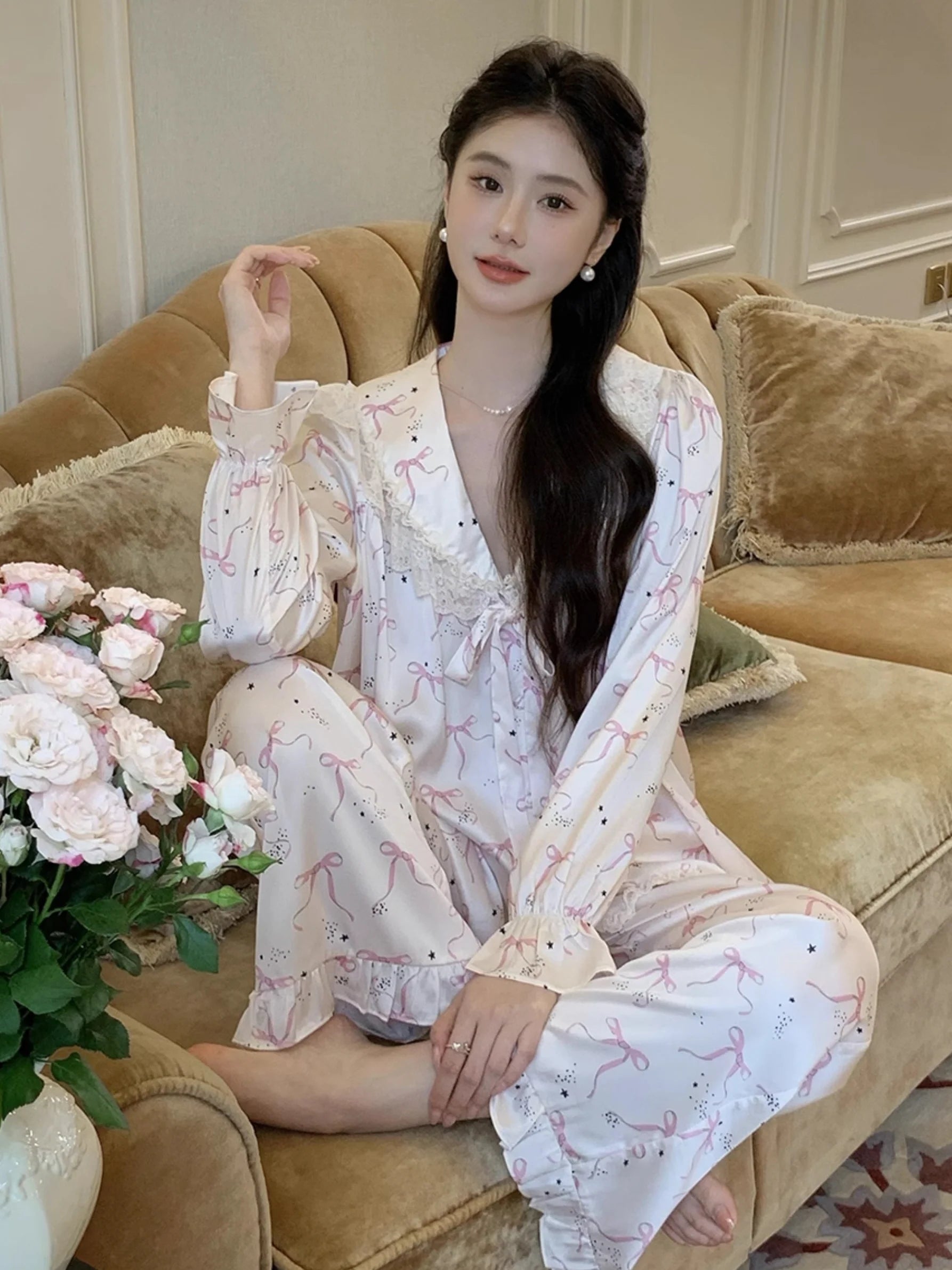 Pink Bow Charm Satin Pajama Set