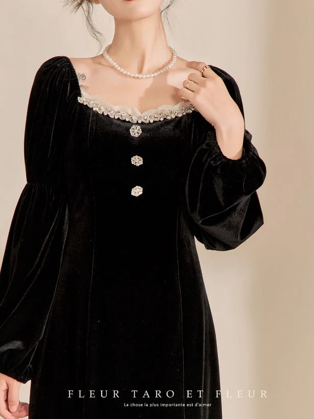 Victorian Elegance Black Velvet Dress