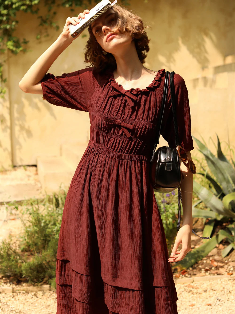 Vintage Cottage Ribbon Wine Red Dress